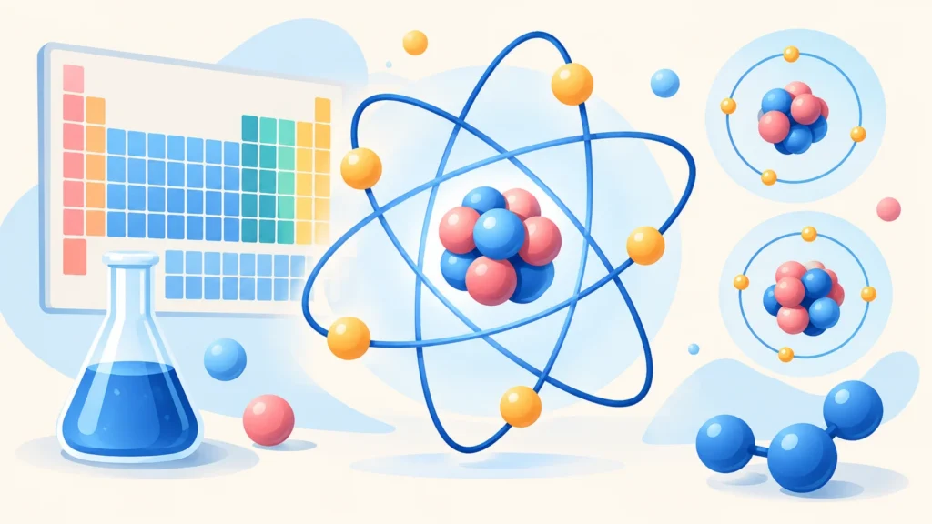 Budowa atomu a układ okresowy – ilustracja do działu, chemia, klasa 7