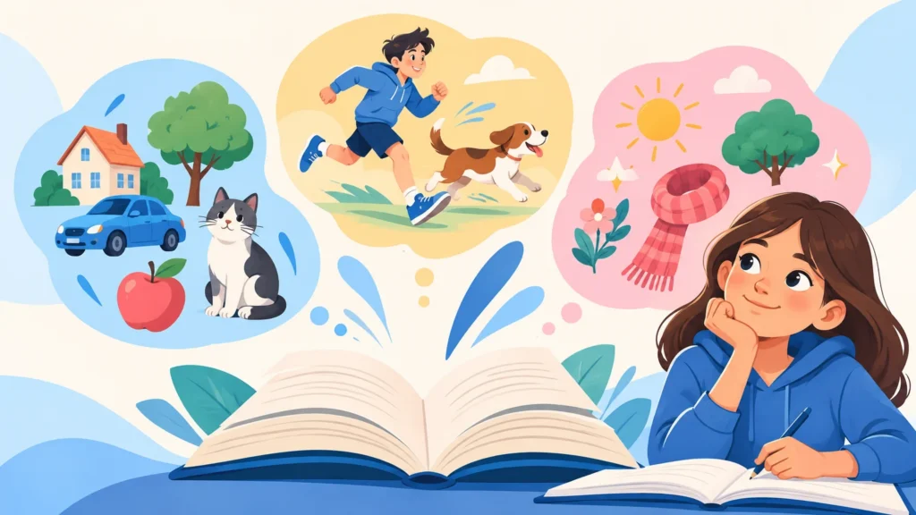 Części mowy – ilustracja do działu, język polski, klasa 4