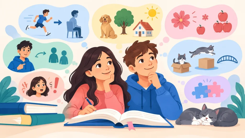 Części mowy – ilustracja do działu, język polski, klasa 6