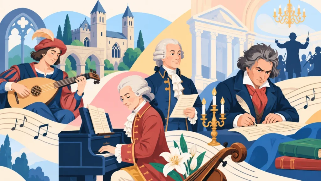 Epoki w muzyce – ilustracja do działu, muzyka, klasa 6
