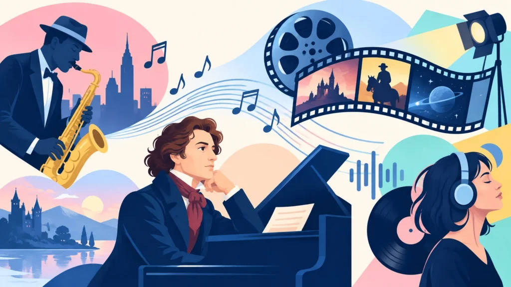 Epoki w muzyce – ilustracja do działu, muzyka, klasa 7