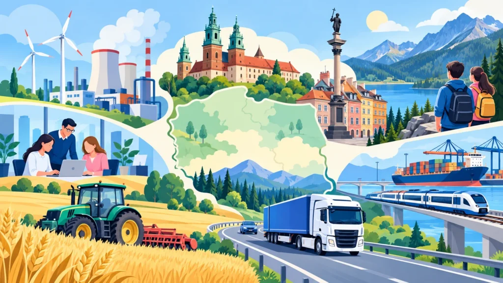 Gospodarka Polski – ilustracja do działu, geografia, klasa 7