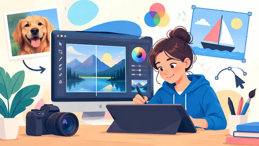 Grafika i multimedia – ilustracja do działu, informatyka, klasa 7