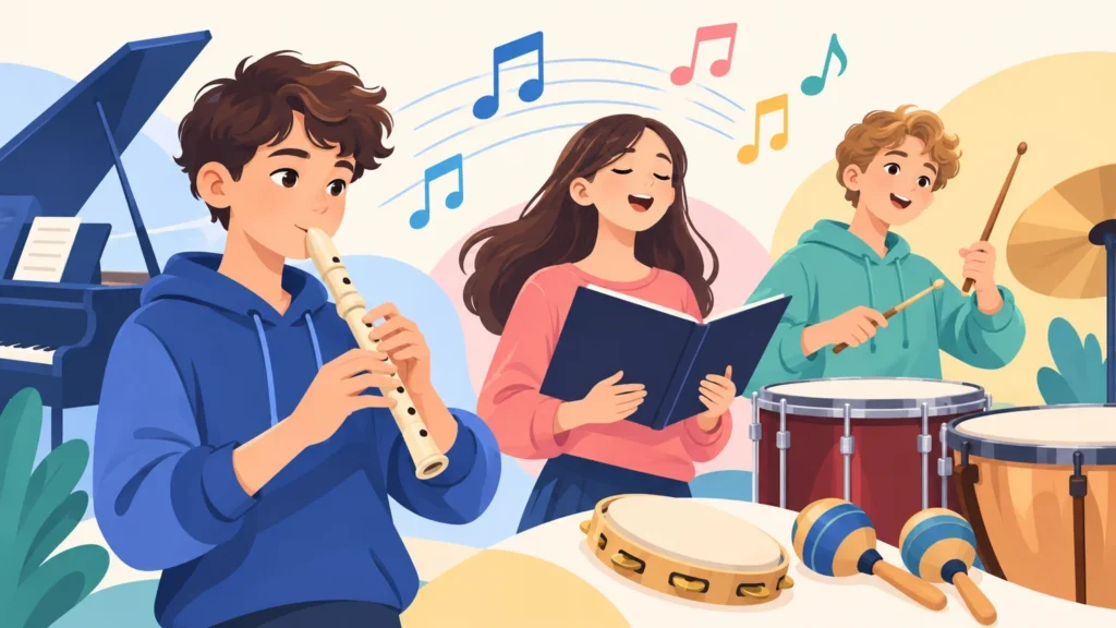 Instrumenty i śpiew – ilustracja do działu, muzyka, klasa 4