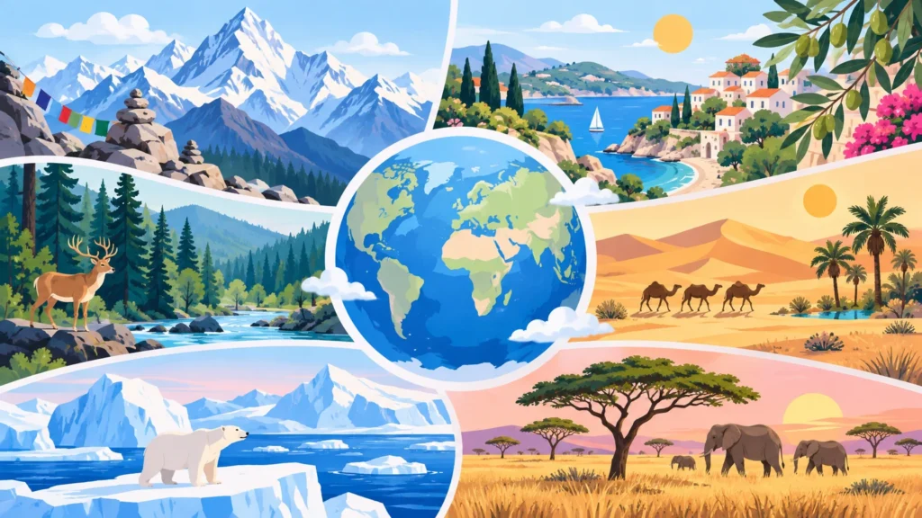 Krajobrazy świata – ilustracja do działu, geografia, klasa 5
