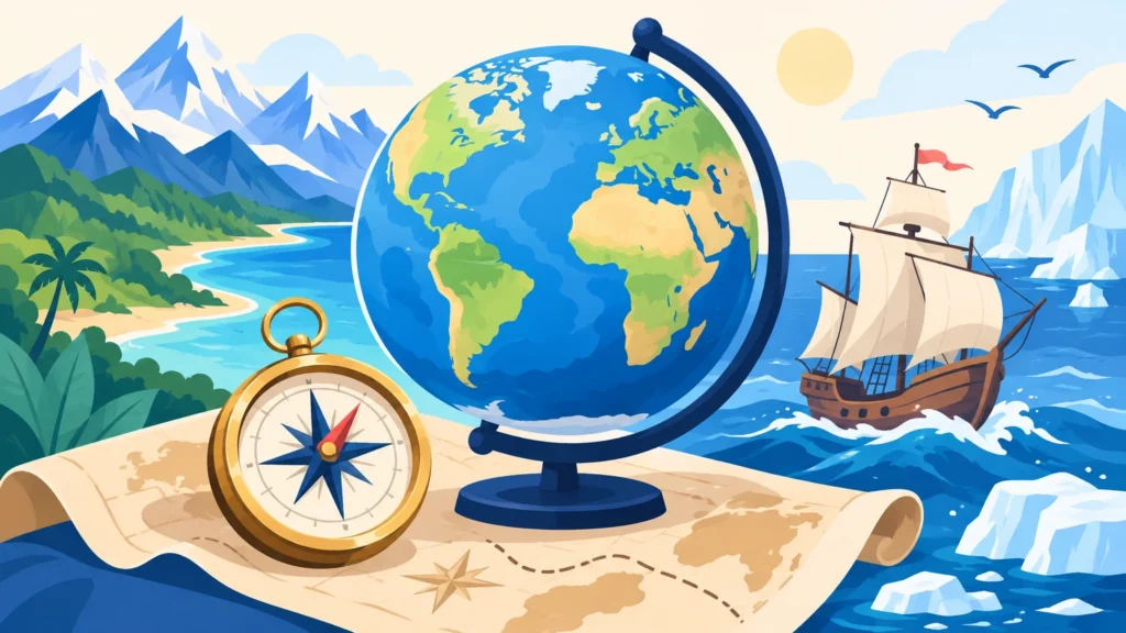 Lądy i oceany – ilustracja do działu, geografia, klasa 5