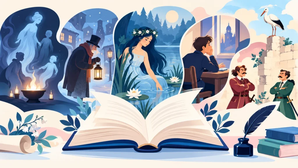 Lektury i teksty – ilustracja do działu, język polski, klasa 7