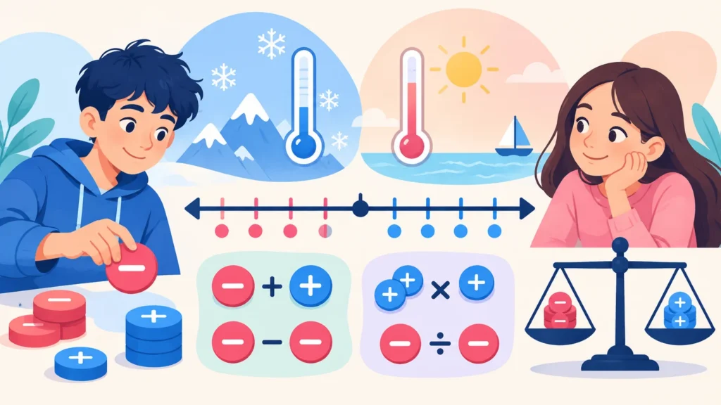 Liczby dodatnie i ujemne – ilustracja do działu, matematyka, klasa 6