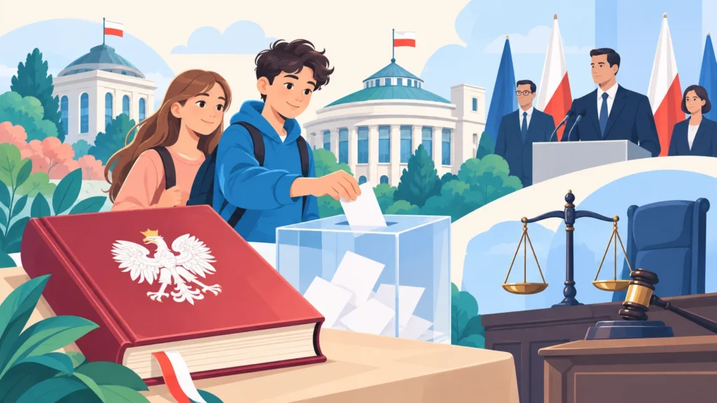 Państwo i demokracja – ilustracja do działu, edukacja obywatelska, klasa 8