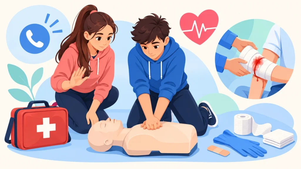 Pierwsza pomoc – ilustracja do działu, edukacja zdrowotna, klasa 8