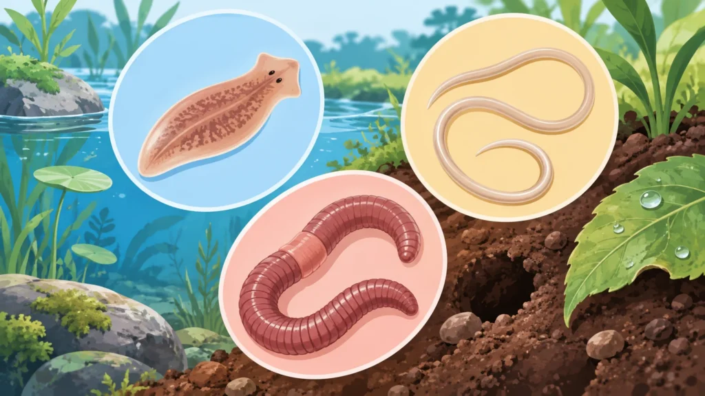 Płazińce, nicienie, pierścienice – ilustracja do działu, biologia, klasa 6