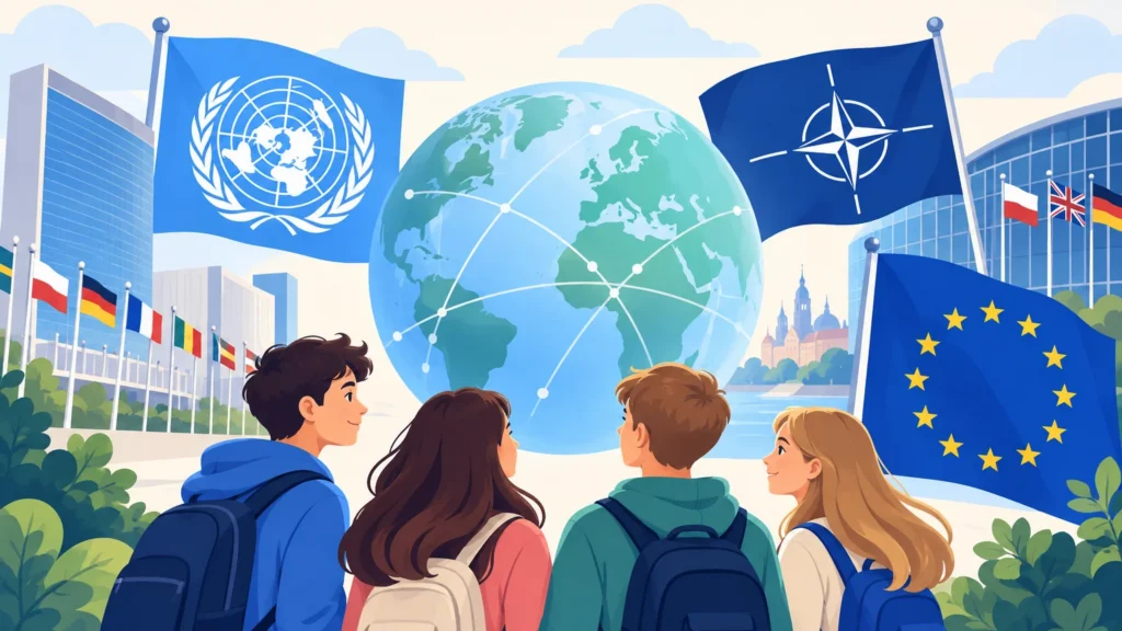 Polska i świat – ilustracja do działu, edukacja obywatelska, klasa 8