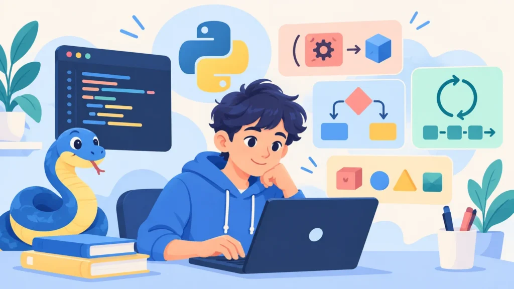 Programowanie w Pythonie – ilustracja do działu, informatyka, klasa 7