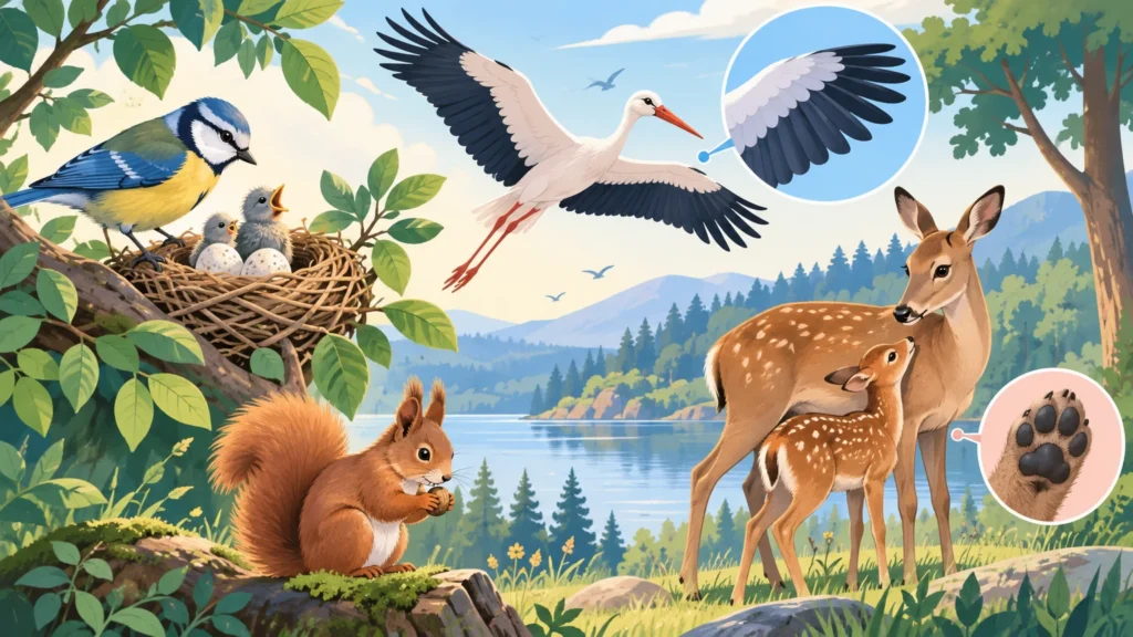 Ptaki i ssaki – ilustracja do działu, biologia, klasa 6