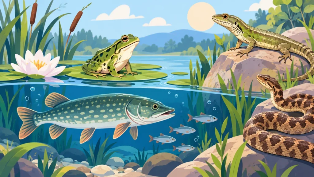 Ryby, płazy, gady – ilustracja do działu, biologia, klasa 6