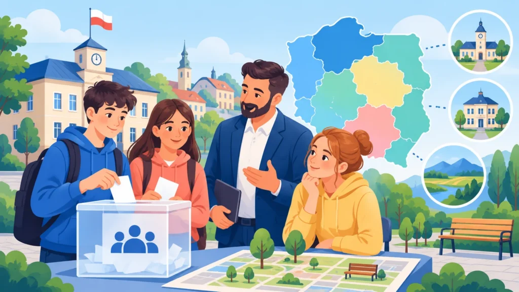 Samorząd i społeczność lokalna – ilustracja do działu, edukacja obywatelska, klasa 8