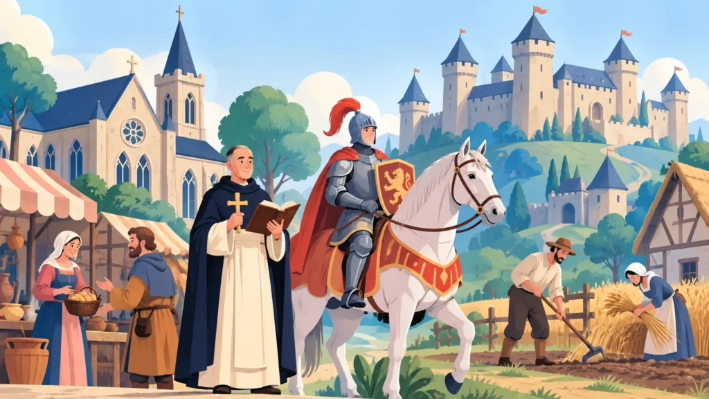 Społeczeństwo średniowiecznej Europy – ilustracja do działu, historia, klasa 5