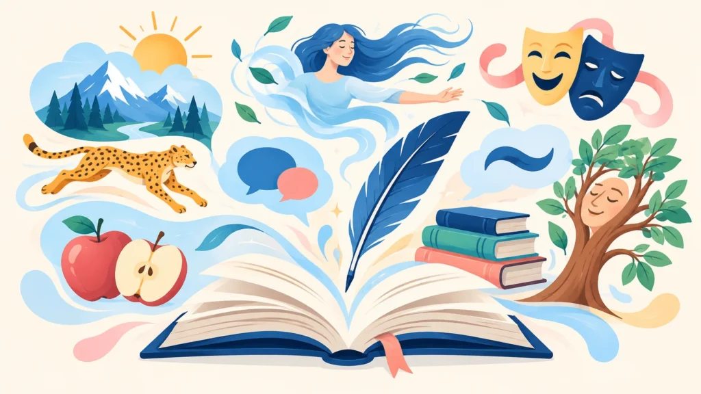 Środki stylistyczne – ilustracja do działu, język polski, klasa 6