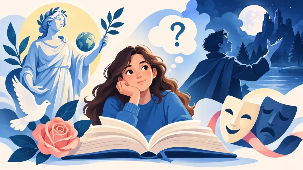 Środki stylistyczne – ilustracja do działu, język polski, klasa 7