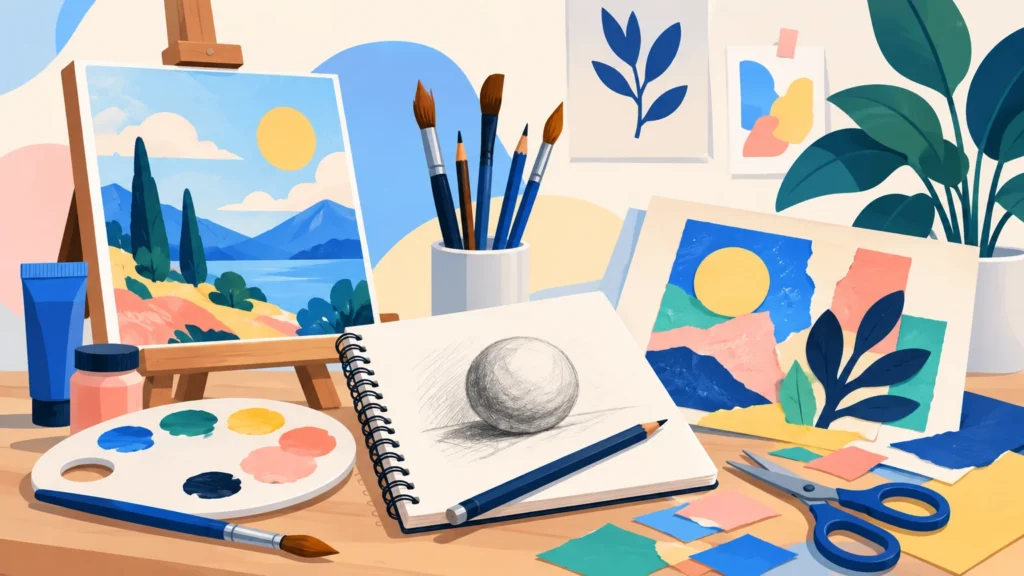 Techniki plastyczne – ilustracja do działu, plastyka, klasa 4