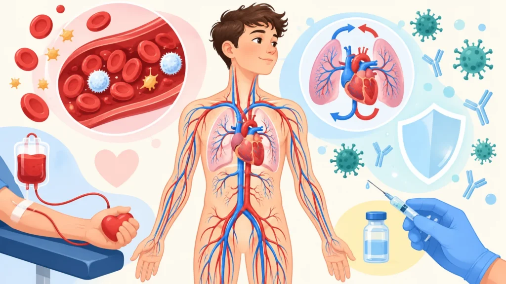 Układ krwionośny i odpornościowy – ilustracja do działu, biologia, klasa 7