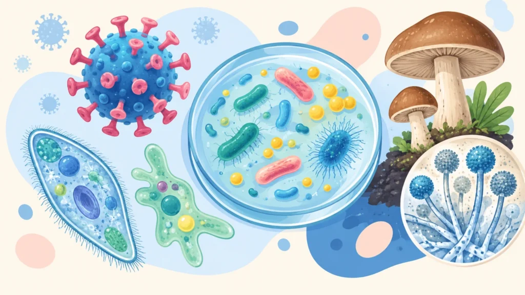 Wirusy, bakterie, protisty i grzyby – ilustracja do działu, biologia, klasa 5