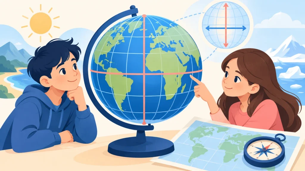 Współrzędne geograficzne – ilustracja do działu, geografia, klasa 6