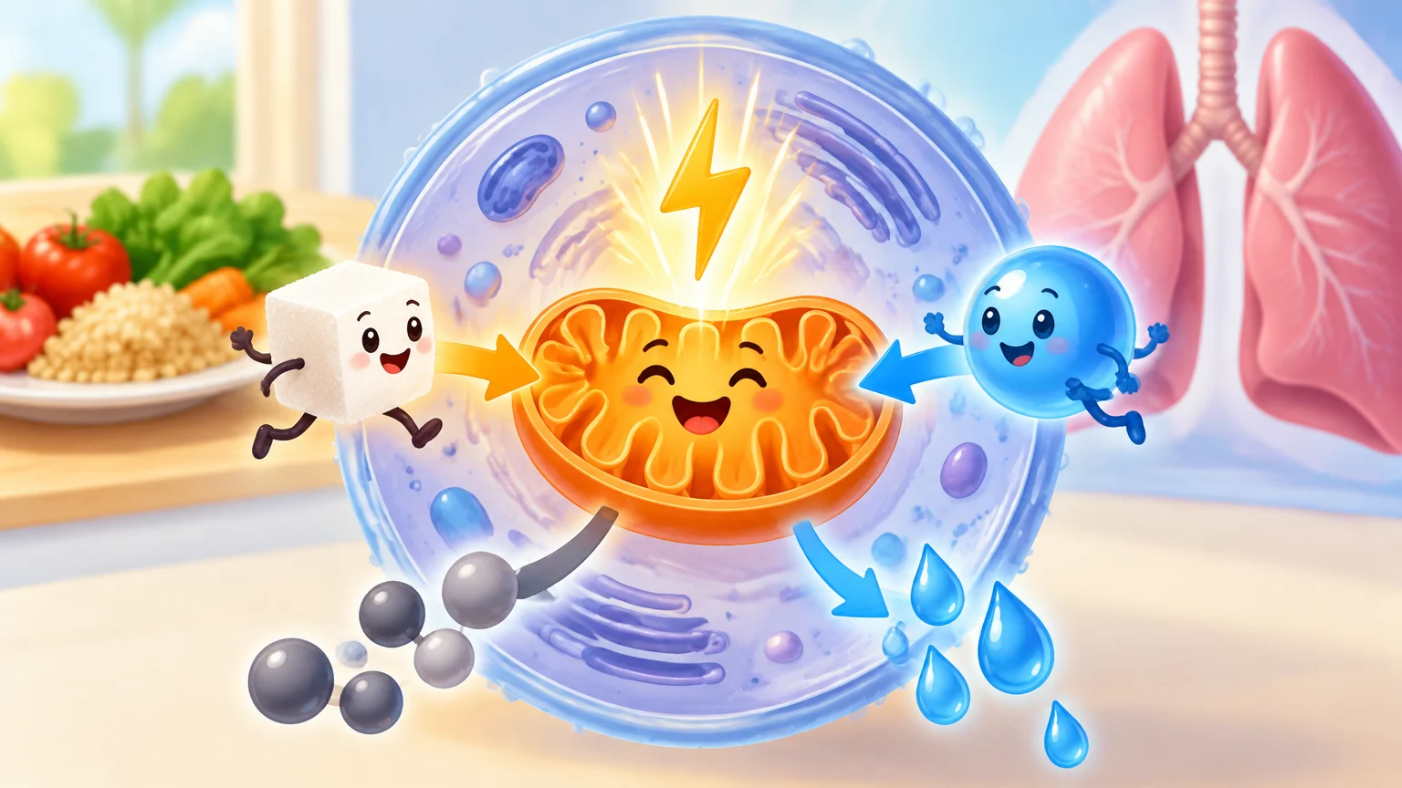 Komórka z mitochondrium, cukier i tlen wchodzą, energia i dwutlenek węgla wychodzą – ilustracja do ściągi dla klasy 7