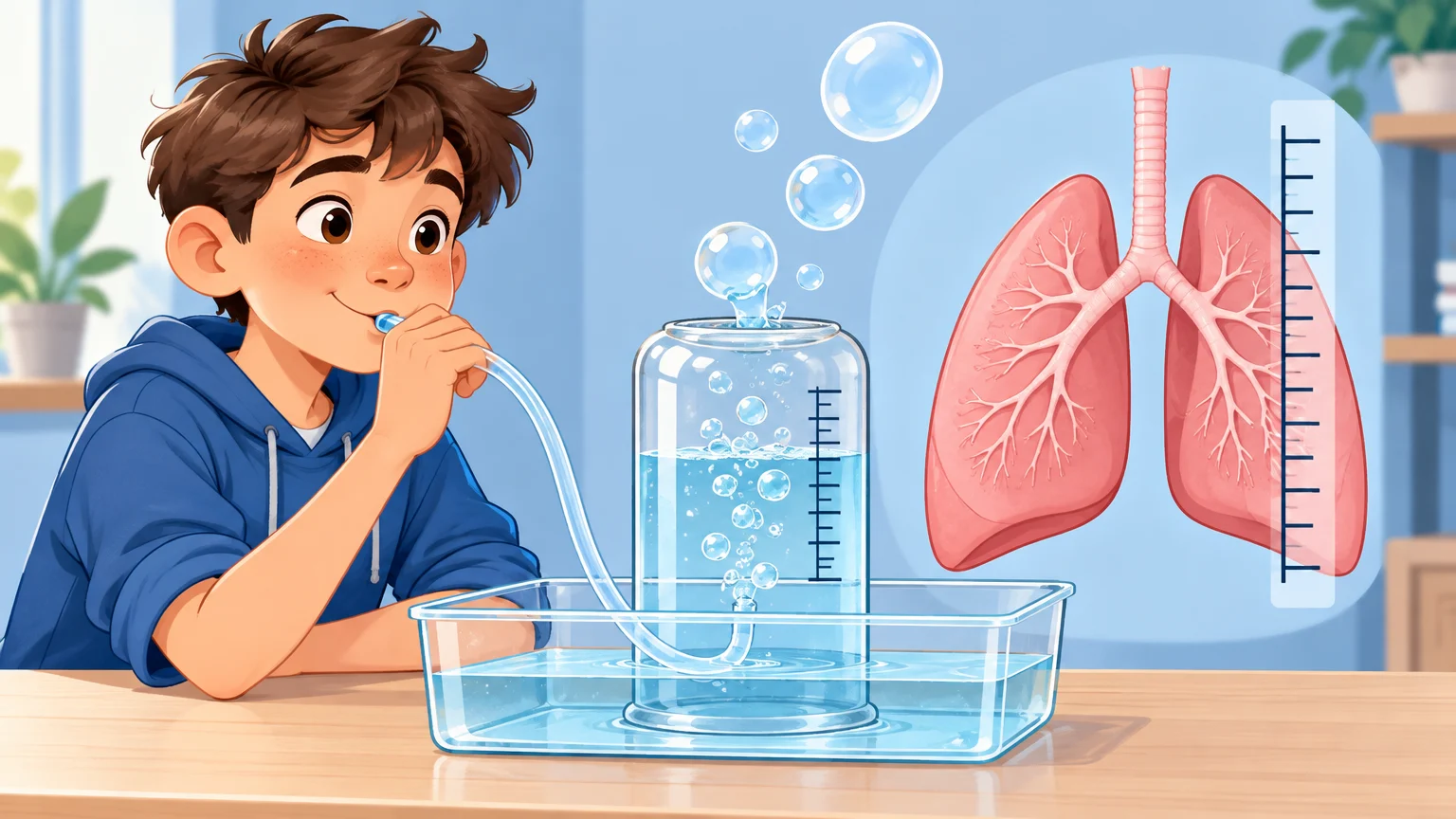 Pojemność życiowa płuc: spirometria, 500 cm³ i 4000 cm³, doświadczenie ze słojem (biologia, klasa 7)