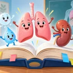 Słownik z wyskakującymi postaciami płuc i nerki – ilustracja do słowniczka pojęć układu oddechowego i moczowego dla klasy 7