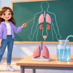 Tablica z sylwetką człowieka, płucami i nerkami oraz uczennica ze wskaźnikiem – ilustracja do powtórki układu oddechowego i moczowego dla klasy 7