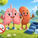 Płuca i nerka jako postaci, butelka wody, przekreślony papieros i mydło – ilustracja do ściągi o dbałości o układ oddechowy i moczowy dla klasy 7